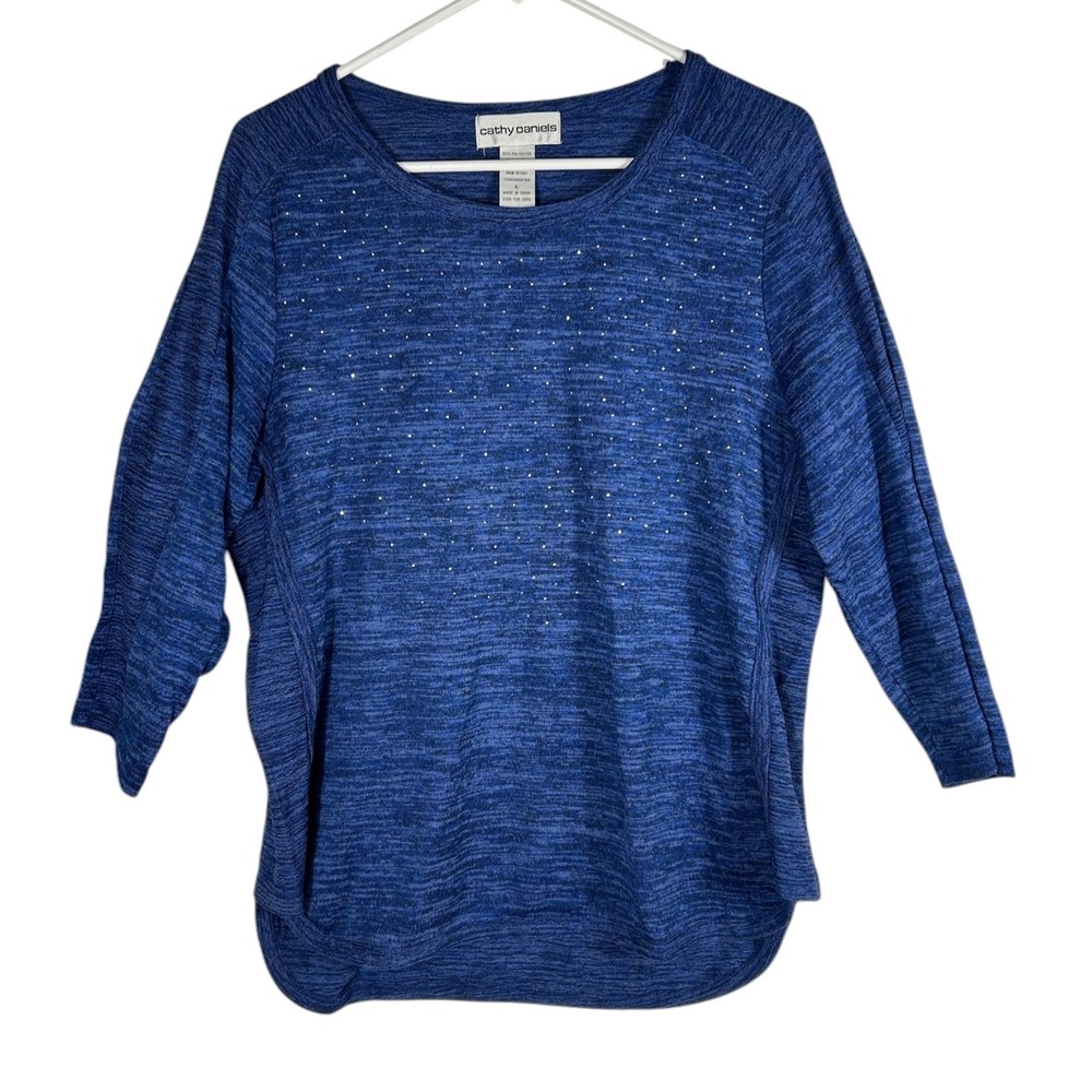 Cathy Daniels Blue Space Dye Rhinestone 3/4 Sleeve Top Large